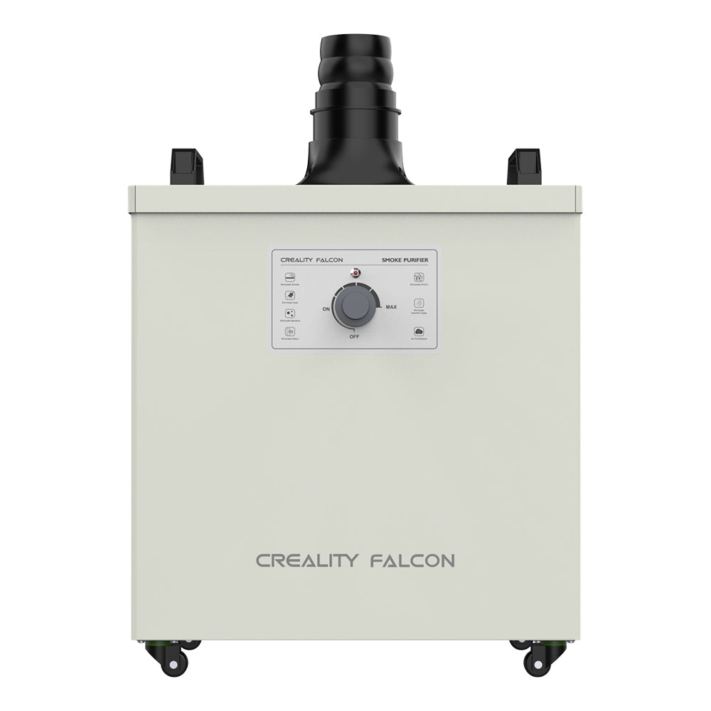 A white rectangular CrealityFalcon Creality Falcon Smoke Purifier with a black cylindrical exhaust on top. The front panel features various control buttons and a central knob, tailored for indoor working environments. Labeled "Creality Falcon" at the base, this unit is equipped with wheels for mobility, making it ideal for laser creation projects. A white rectangular CrealityFalcon Creality Falcon Smoke Purifier with a black cylindrical exhaust on top. The front panel features various control buttons and a central knob, tailored for indoor working environments. Labeled "Creality Falcon" at the base, this unit is equipped with wheels for mobility, making it ideal for laser creation projects.