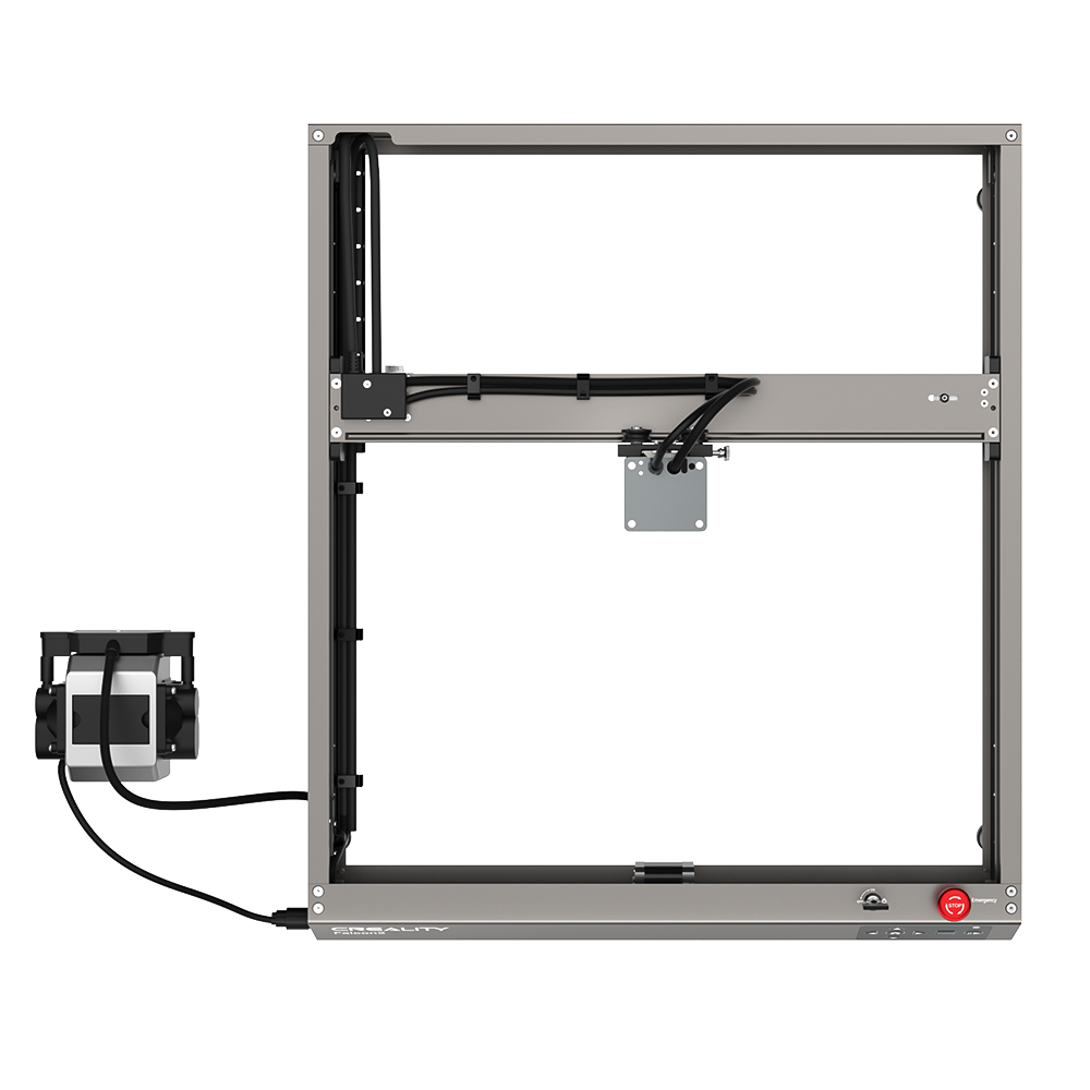 A CrealityFalcon Bundle Falcon2 22W Laser Engraver and Cutter with Accessories and Materials, with a rectangular metal structure, featuring wiring and electronics visible. It sports a control box attached to its left side by cables, equipped with a small display and buttons. The bundle includes additional knobs and connectors, designed for enhanced safety protections during operation. A CrealityFalcon Bundle Falcon2 22W Laser Engraver and Cutter with Accessories and Materials, with a rectangular metal structure, featuring wiring and electronics visible. It sports a control box attached to its left side by cables, equipped with a small display and buttons. The bundle includes additional knobs and connectors, designed for enhanced safety protections during operation.