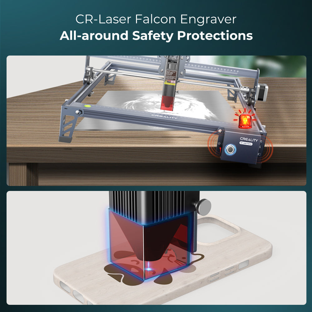 Top image: A CrealityFalcon CR-Laser Falcon 10W Engraver Complete Crafting Engraver Set in use on a wooden table, showcasing its all-around safety protections. Bottom image: Close-up of the high precision laser engraving a design onto the back of a smartphone case. Top image: A CrealityFalcon CR-Laser Falcon 10W Engraver Complete Crafting Engraver Set in use on a wooden table, showcasing its all-around safety protections. Bottom image: Close-up of the high precision laser engraving a design onto the back of a smartphone case.