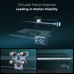 Image showcasing the CR-Laser Falcon 10W Engraver Complete Crafting Engraver Set. The top section highlights the entire engraver in action with text: "Leading in Motion Stability." Below, two close-up images detail the machine's components, focusing on the high precision engraving rollers and the stable light beam mechanism. Image showcasing the CR-Laser Falcon 10W Engraver Complete Crafting Engraver Set. The top section highlights the entire engraver in action with text: "Leading in Motion Stability." Below, two close-up images detail the machine's components, focusing on the high precision engraving rollers and the stable light beam mechanism.