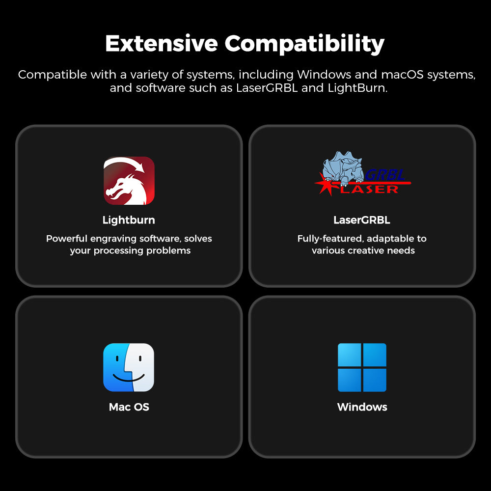 Infographic with "Extensive Compatibility" as the title. Showcases versatile design compatible with LightBurn and LaserGRBL, powerful engraving software, alongside Mac OS and Windows. Apple and Windows logos illustrate Mac OS and Windows compatibility for the CrealityFalcon Falcon2 Pro 40W Enclosed Laser Engraver and Cutter Master Engraving Bundle. Infographic with "Extensive Compatibility" as the title. Showcases versatile design compatible with LightBurn and LaserGRBL, powerful engraving software, alongside Mac OS and Windows. Apple and Windows logos illustrate Mac OS and Windows compatibility for the CrealityFalcon Falcon2 Pro 40W Enclosed Laser Engraver and Cutter Master Engraving Bundle.