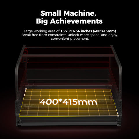 Image of a Falcon2 Pro 40W Enclosed Laser Engraver and Cutter Master Engraving Bundle with a grid displayed on its working area. The dimensions of the working area are marked as 400 x 415 mm. Text at the top reads: "Small Machine, Big Achievements" and "Large working area of 15.75*16.34 inches (400*415mm). Brand Name: CrealityFalcon. Image of a Falcon2 Pro 40W Enclosed Laser Engraver and Cutter Master Engraving Bundle with a grid displayed on its working area. The dimensions of the working area are marked as 400 x 415 mm. Text at the top reads: "Small Machine, Big Achievements" and "Large working area of 15.75*16.34 inches (400*415mm). Brand Name: CrealityFalcon.