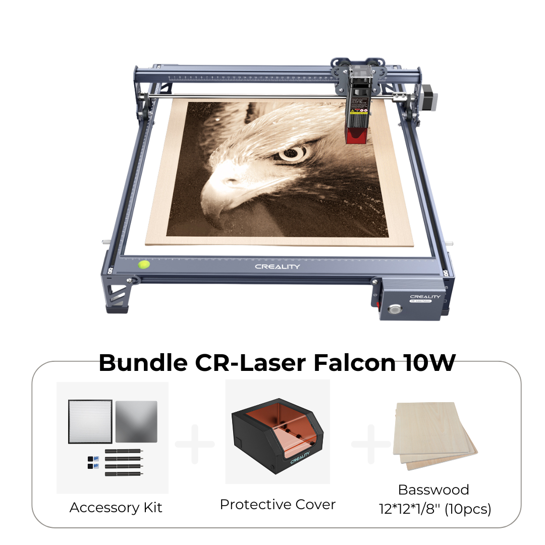 Image of a CrealityFalcon CR-Laser Falcon 10W Engraver Complete Crafting Engraver Set effortlessly performing high precision engraving on a wooden surface, etching the finely detailed image of an eagle's head. Below the engraver are images and icons of an accessory kit, a protective cover, and a pack of basswood sheets.