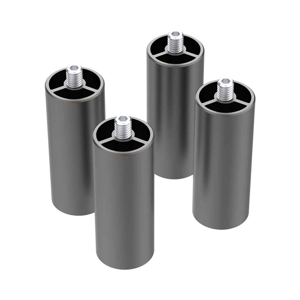 A group of four cylindrical metal objects with threaded bolts on top, arranged in a slight curve. Each cylinder has open sections near the top, revealing a hollow interior structure and features a smooth, metallic finish. These components are compatible with CrealityFalcon Falcon2 22W and 40W machines for versatile engraving. These are the Extra Risers -4 Packs for Falcon2 Engraver Series by CrealityFalcon.