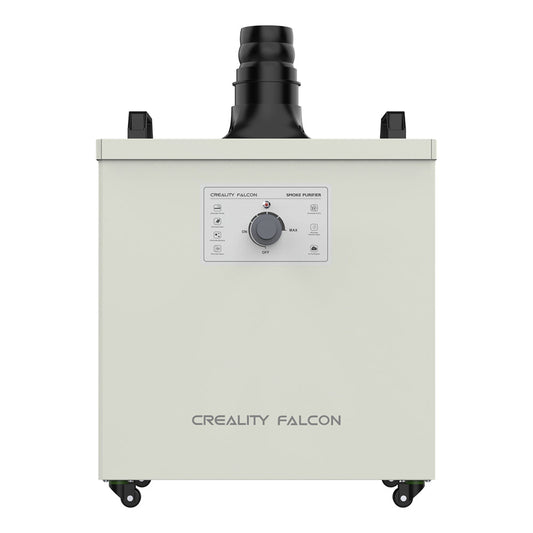A white rectangular CrealityFalcon Creality Falcon Smoke Purifier with a black cylindrical exhaust on top. The front panel features various control buttons and a central knob, tailored for indoor working environments. Labeled "Creality Falcon" at the base, this unit is equipped with wheels for mobility, making it ideal for laser creation projects. 1000