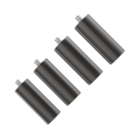 Four identical black cylindrical metal legs with threaded screws on top are arranged diagonally from left to right against a white background, demonstrating the precision versatile engraving possible with CrealityFalcon Extra Risers -4 Packs for Falcon2 Engraver Series.