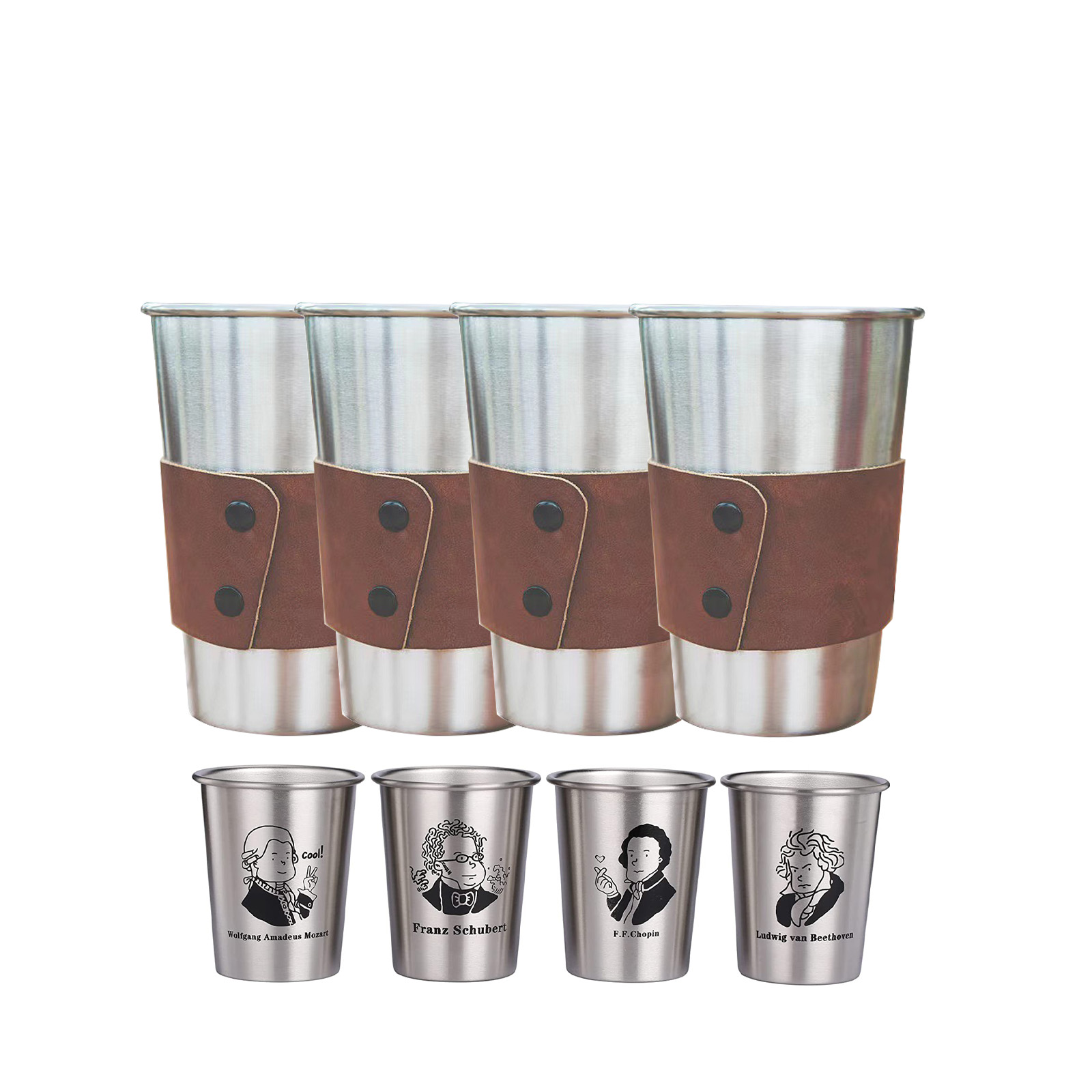 4 Packs 500ML Stainless Steel Cup with Leather Cover