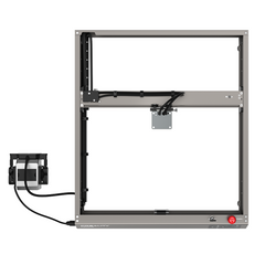 A CrealityFalcon Bundle Falcon2 22W Laser Engraver and Cutter with Accessories and Materials, with a rectangular metal structure, featuring wiring and electronics visible. It sports a control box attached to its left side by cables, equipped with a small display and buttons. The bundle includes additional knobs and connectors, designed for enhanced safety protections during operation.