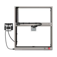 Image of a Falcon2 40W Laser Engraver and Cutter Ultimate Engraving Package by CrealityFalcon frame without the printing head or bed. The frame is rectangular and metallic with a black rail on the left side. Wires and cables are connected to various points. A power switch and control box are located on the lower right corner, resembling a laser engraving machine setup.