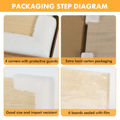 A packaging step diagram with four labeled images. Top left: "4 corners with protective guards" showing foam guards on corners. Top right: "Extra hard carton packaging featuring eco-friendly material" illustrating a box. Bottom left: "Good size and impact-resistant" with foam on item corners. Bottom right: "6 boards sealed with film," displaying CrealityFalcon A4 Basswood Plywood Sheets 1/8" x 8.27" x 11.69" for Laser Engraving and Cutting - Pack of 6pcs wrapped in film.