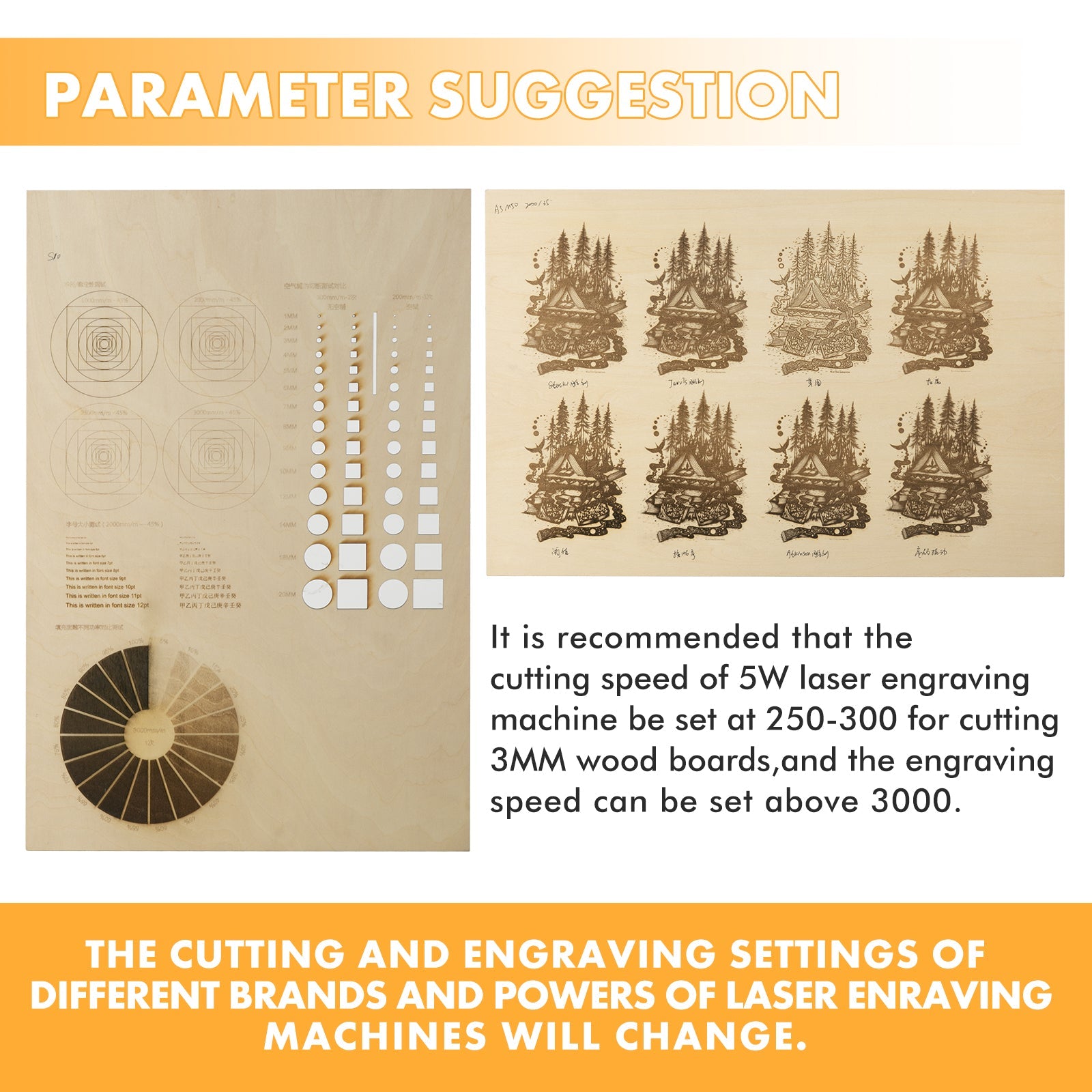 A wooden board made of eco-friendly material showing engravings of trees and various test patterns to determine optimal laser engraving settings. The text suggests parameters for a 5W laser engraver: 250-300 speed and over 3000 engraving speed for 3mm wood, ideal for A4 Basswood Plywood Sheets 1/8" x 8.27" x 11.69" for Laser Engraving and Cutting - Pack of 6pcs by CrealityFalcon.