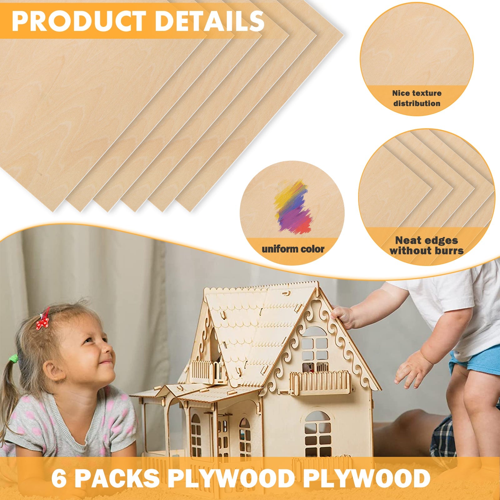 An image showing "PRODUCT DETAILS" of CrealityFalcon A4 Basswood Plywood Sheets 1/8" x 8.27" x 11.69" for Laser Engraving and Cutting - Pack of 6pcs. There are six sheets with a "Nice texture distribution" and "Neat edges without burrs." Two children are playing with a wooden house. Text reads "6 PACKS BASSWOOD PLYWOOD" at the bottom, highlighting its eco-friendly material perfect for laser engraving.