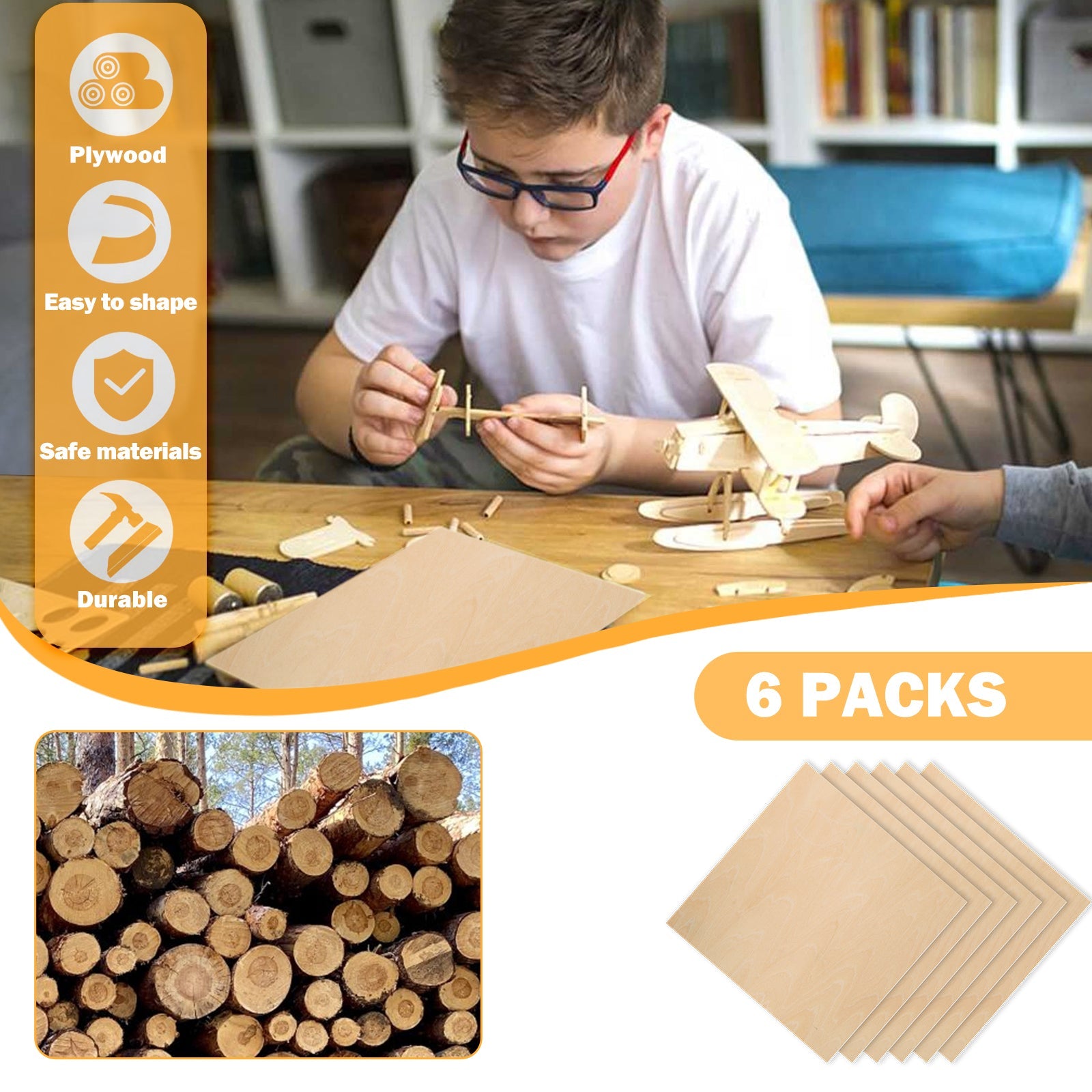 A young boy with glasses assembles a model airplane using CrealityFalcon A4 Basswood Plywood Sheets 1/8" x 8.27" x 11.69" for Laser Engraving and Cutting - Pack of 6pcs. Next to him is an image showing stacked logs and a bundle of six eco-friendly plywood sheets. Text highlights features: "Plywood, Easy to shape, Safe materials, Durable." A label reads "6 PACKS.