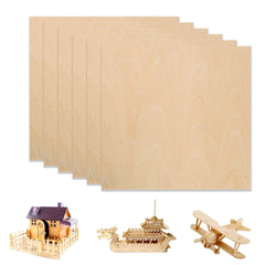 Six square wooden sheets, made from eco-friendly materials, are arranged in a fan-like formation. Below them are three completed wooden crafts: a small house with a fence, a dragon-shaped boat, and a vintage airplane. These crafts appear to be made from similar CrealityFalcon A4 Basswood Plywood Sheets 1/8" x 8.27" x 11.69" for Laser Engraving and Cutting - Pack of 6pcs.