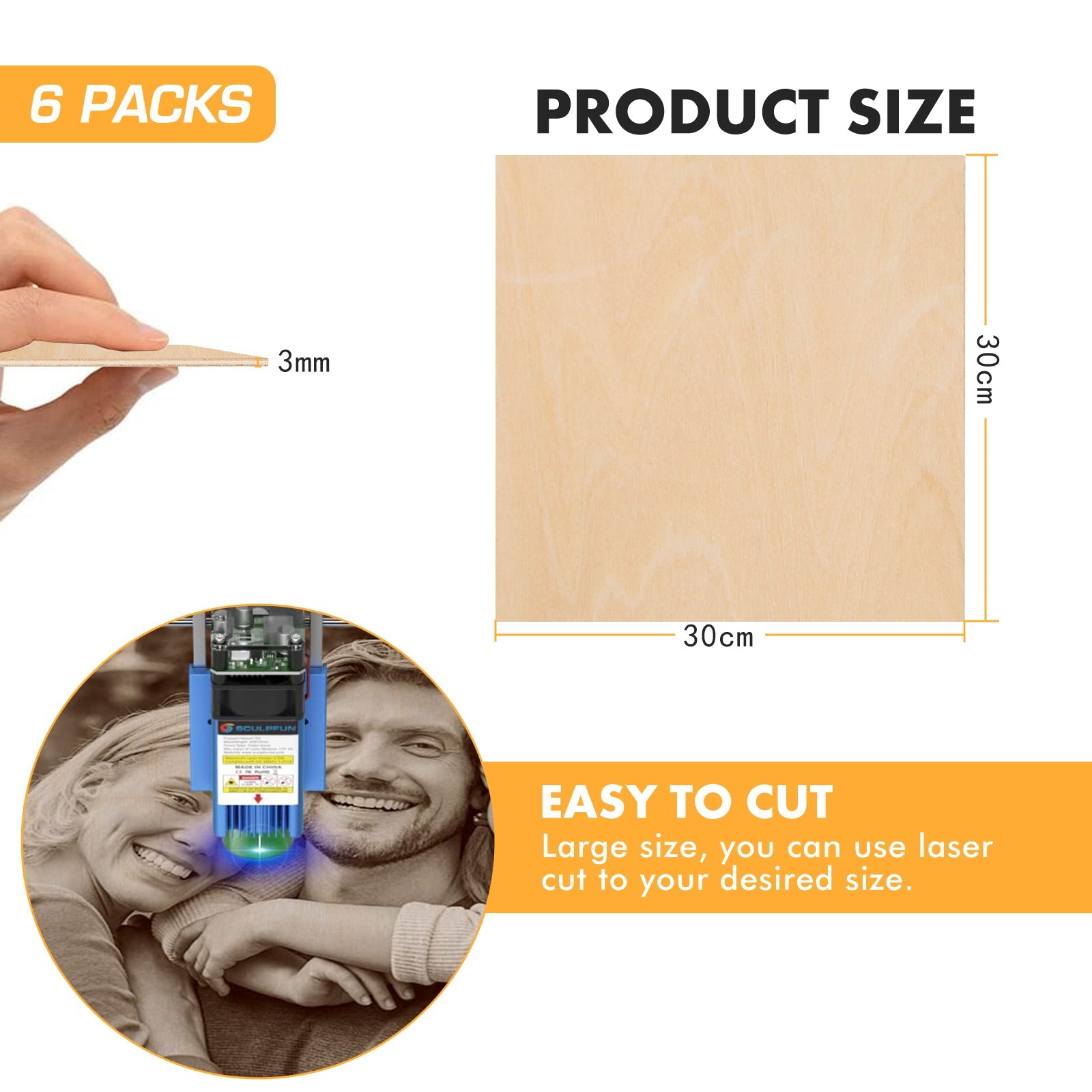 Diagram depicting details of a 6-pack of A4 Basswood Plywood Sheets 1/8" x 8.27" x 11.69" for Laser Engraving and Cutting by CrealityFalcon. Demonstrates thickness with a hand holding a sheet. Text highlights the product's large size, ease of laser cutting and engraving, and use of eco-friendly material. Includes a circular inset photo of two smiling people.
