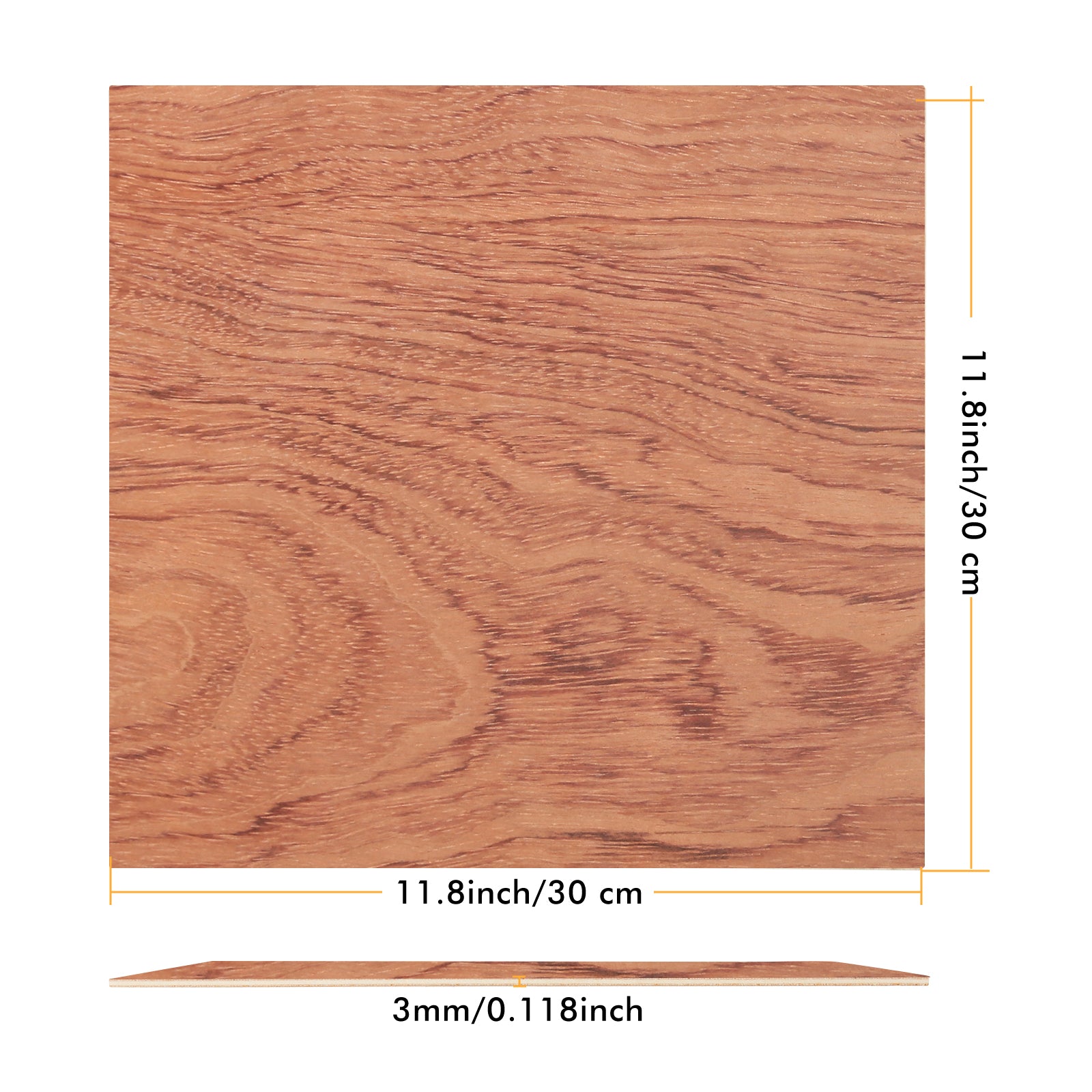 A square piece of Bubinga Brazilian Rosewood Plywood Sheets 11.8" x 11.8" for Laser Engraving and Cutting - 6pcs from CrealityFalcon is displayed, measuring 11.8 inches (30 cm) in both width and height, with a thickness of 3 mm (0.118 inches). The wood has a natural grain pattern and a light brown color, making it ideal for laser engraving projects.