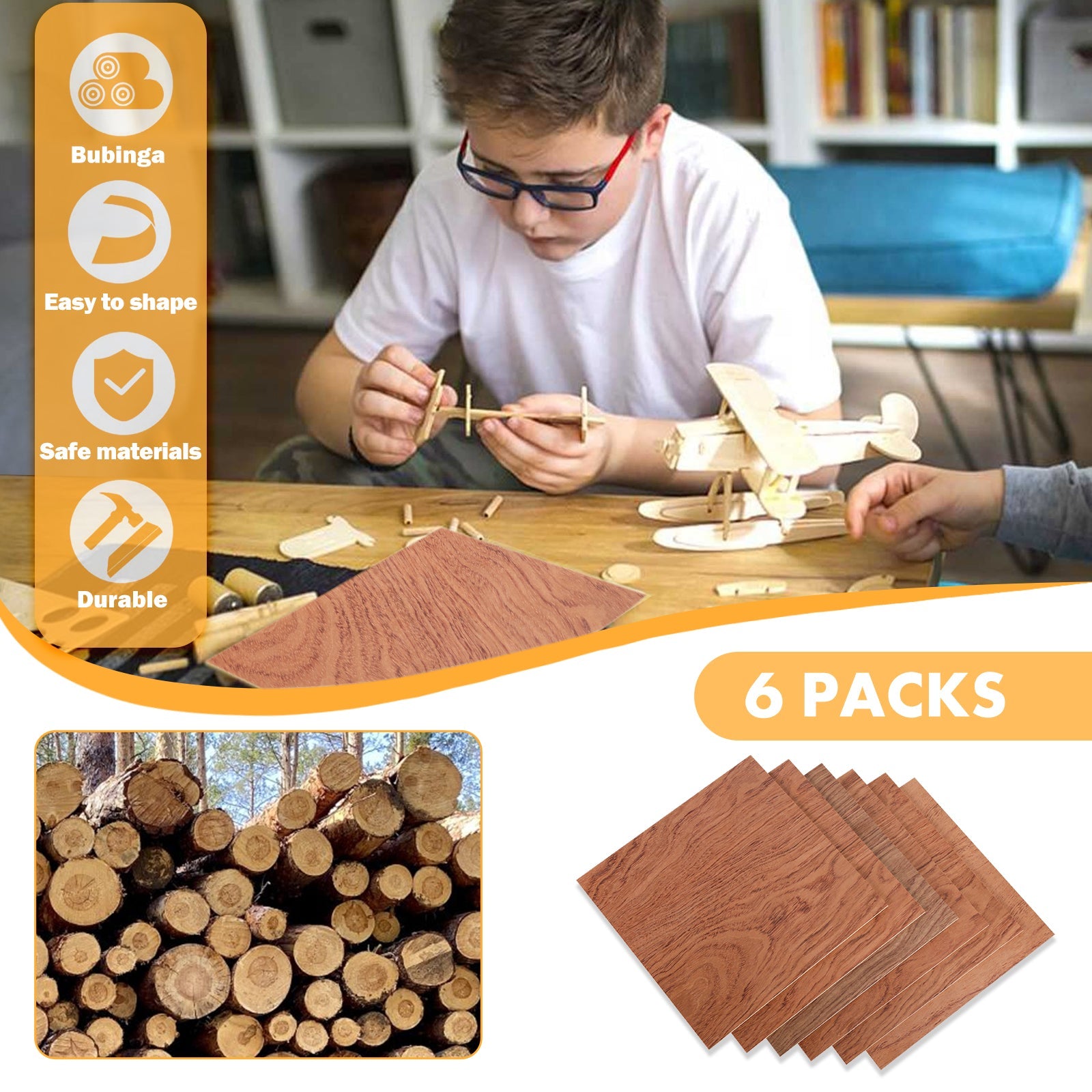 A child wearing glasses is meticulously assembling a wooden model airplane at a table. The image highlights "Bubinga Brazilian Rosewood Plywood Sheets 11.8" x 11.8" for Laser Engraving and Cutting - 6pcs" by CrealityFalcon as being easy to shape, made of safe, eco-friendly materials, and durable. Below, there's a stack of wooden logs and six wooden sheets labeled "6 PACKS.