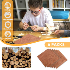 A child wearing glasses is meticulously assembling a wooden model airplane at a table. The image highlights "Bubinga Brazilian Rosewood Plywood Sheets 11.8" x 11.8" for Laser Engraving and Cutting - 6pcs" by CrealityFalcon as being easy to shape, made of safe, eco-friendly materials, and durable. Below, there's a stack of wooden logs and six wooden sheets labeled "6 PACKS.