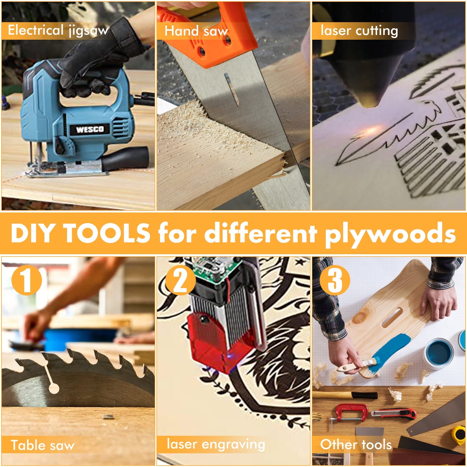 A collage showcasing woodworking tools and methods for working with CrealityFalcon Bubinga Brazilian Rosewood Plywood Sheets 11.8" x 11.8" for Laser Engraving and Cutting - 6pcs: an electrical jigsaw, hand saw, and laser cutting. Below, three methods are shown: a person using a table saw (1), laser engraving plywood (2), and utilizing various other tools on this eco-friendly material (3).