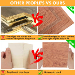 Comparison image showing "Other People's" products vs "Ours." Top left: Uneven, burred wooden boards labeled "Other People's." Top right: Smooth, uniformly edged Bubinga Brazilian Rosewood Plywood Sheets 11.8" x 11.8" for Laser Engraving and Cutting - 6pcs by CrealityFalcon labeled "Ours." Bottom left: Fragile board with burrs. Bottom right: Sturdy, smooth board made with eco-friendly material.