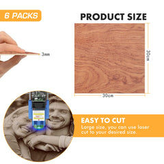 An image showing a Bubinga Brazilian Rosewood Plywood Sheets 11.8" x 11.8" for Laser Engraving and Cutting - 6pcs. One hand holds the thin, eco-friendly material. A circle inset at the bottom displays a couple smiling. Text reads "6 PACKS" and "EASY TO CUT." Large size, perfect for laser engraving to your desired dimensions by CrealityFalcon.