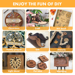 A grid of nine DIY project images with categories: classroom welcome sign, wooden boot craft, engraved kitchen book, family tree project, moustache-shaped comb gift made from Bubinga Brazilian Rosewood Plywood Sheets 11.8" x 11.8" for Laser Engraving and Cutting - 6pcs by CrealityFalcon, jewelry pieces, lion head light decor, pet-themed tags using eco-friendly material, and wedding sign. Text reads "Enjoy the Fun of DIY.