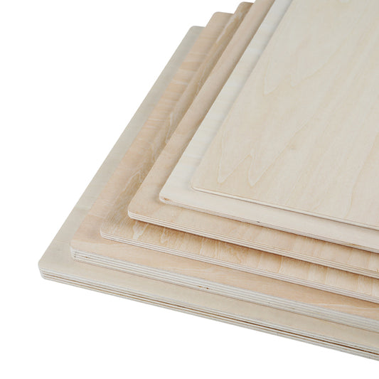 A stack of six CrealityFalcon Basswood Plywood Sheets 11.8" x 11.8" for Laser Engraving - Pack of 10pcs, 6pcs and 3pcs, each slightly smaller than the one below it, ideal for DIY projects. The light-colored boards display visible wood grain patterns and have smooth surfaces and edges. They are neatly arranged, showcasing varied sizes from largest at the bottom to smallest at the top. 1000