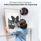 A person is holding a framed picture depicting a dog and a cat. The image highlights the detailed engraving capabilities of the CrealityFalcon CR-Laser Falcon 10W Engraver Complete Crafting Engraver Set, emphasizing its 0.06 compressed spot precision. A close-up inset shows the fine detail of the engraved fur, showcasing its high precision engraving.