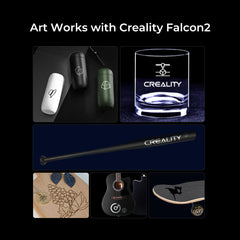 A collage showcasing various artworks made with the CrealityFalcon Bundle CR-Laser Falcon 10W Engraver with Accessories and Materials. Items include custom-engraved tumblers, a glass with the Creality logo, a baseball bat, a wooden plaque, a guitar with intricate designs, and a skateboard with a person doing a trick.