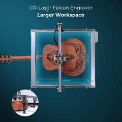 A Bundle CR-Laser Falcon 10W Engraver with Accessories and Materials by CrealityFalcon, an efficient engraving machine, is shown engraving a wooden guitar with a decorative design. The device highlights a large workspace of 400mm by 415mm and features precise cutting capabilities. An inset shows a close-up of the 10W output engraving process, emphasizing a work area of 150mm.