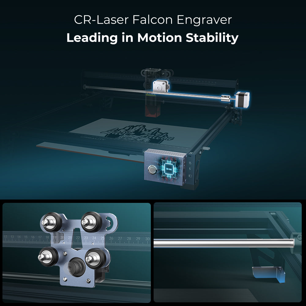 Image showcasing the CR-Laser Falcon 10W Engraver Complete Crafting Engraver Set. The top section highlights the entire engraver in action with text: "Leading in Motion Stability." Below, two close-up images detail the machine's components, focusing on the high precision engraving rollers and the stable light beam mechanism.