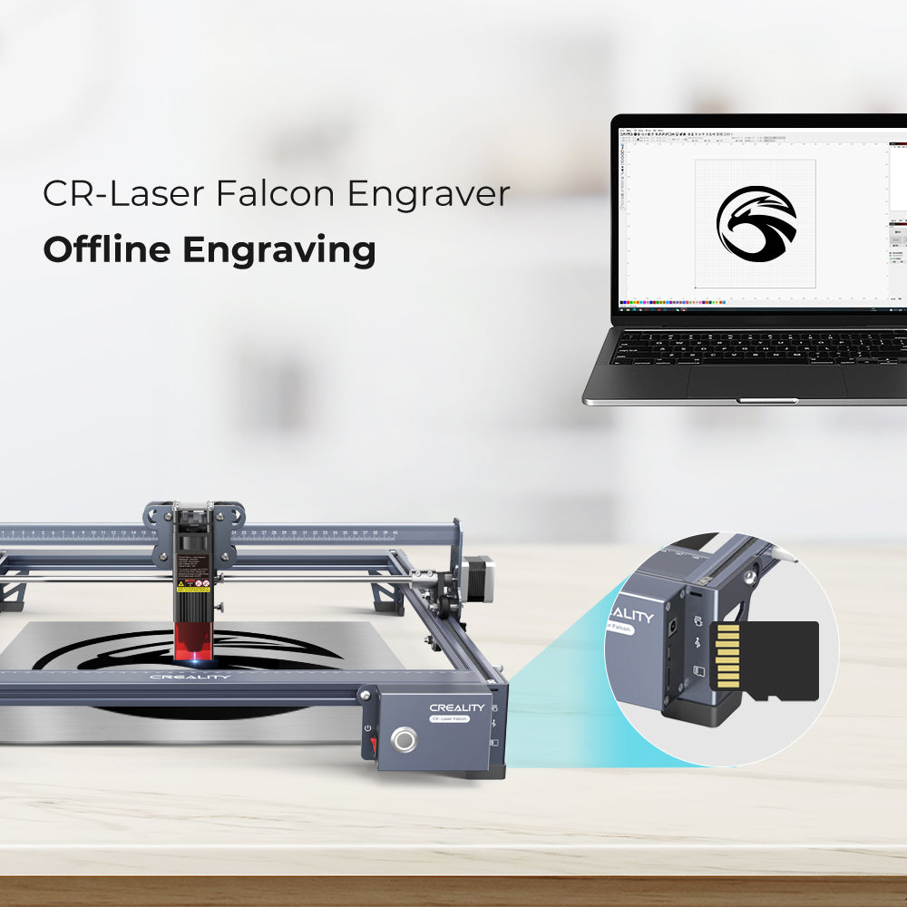 A CrealityFalcon CR-Laser Falcon 10W Engraver Complete Crafting Engraver Set is shown on a table, with a laptop displaying a design connected to it. A close-up inset highlights an SD card slot on the engraver. The text reads "CR-Laser Falcon Engraver, Offline High Precision Engraving.