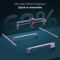 An image displays various components of the CrealityFalcon CR-Laser Falcon 10W Engraver Complete Crafting Engraver Set, a 10W laser engraver known for high precision engraving, arranged on a dark blue surface. The text above reads "CR-Laser Falcon 10W Engraver Complete Crafting Engraver Set" and "Quick to Assemble," with a large "60%" in the background.