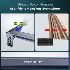 A promotional image for the Bundle CR-Laser Falcon 10W Engraver with Accessories and Materials by CrealityFalcon. The image features close-ups of the engraving machine's components, including the leveling system and the laser cut thickness of different materials, with text highlighting user-friendly designs and its impressive 10W output for precise cutting.