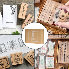 14pcs Wooden Rubber Stamps with 7 Color Ink Pad Set