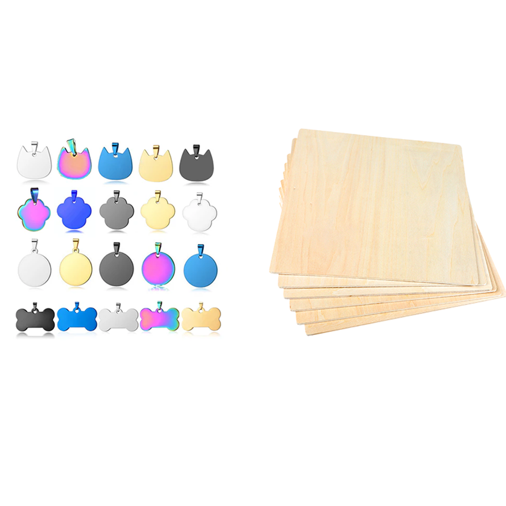 Complete Crafting Bundle: Titanium Steel Pet Tags and Metal Charms 20pcs and Basswood Plywood Sheets 6pcs