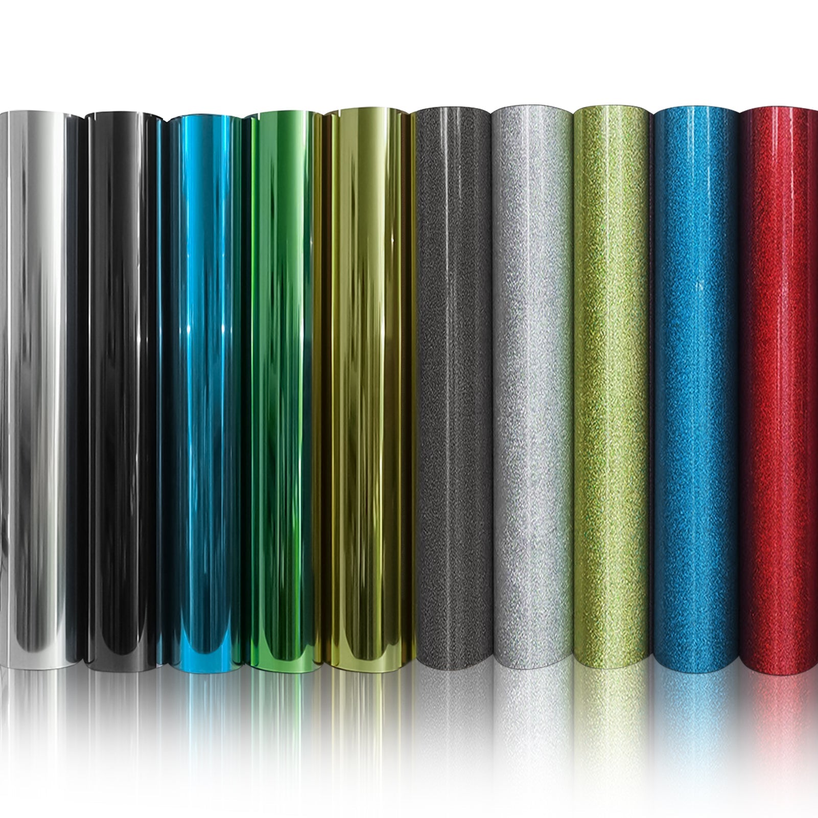 A row of 10 vertically standing rolls of permanent vinyl in various colors and finishes. From left to right: silver, black, dark blue, green, gold, dark gray, silver glitter, green glitter, blue glitter, and red glitter—perfect for your next DIY T-shirts project. Introducing the HTV Heat Transfer Vinyl Paper for Falcon Laser Engraving - Pack of 10pcs by CrealityFalcon.