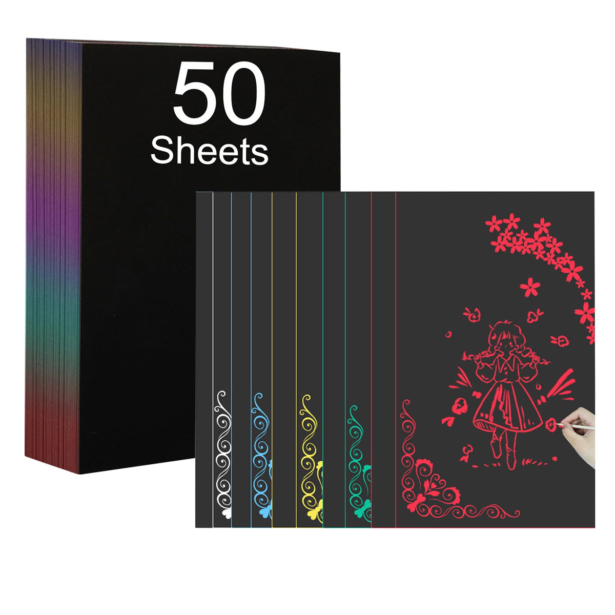 A stack of 50 colorful A4 size art paper sheets stands upright on the left side of the image. To the right, several sheets are displayed, each with intricate designs including a hand scratching a sheet to reveal a drawing of a girl surrounded by flowers in red. A perfect craft gift for any occasion. This is CrealityFalcon's A4 Scratch Paper for Falcon Laser Engraving - Pack of 5 Colors and 50 Sheets.