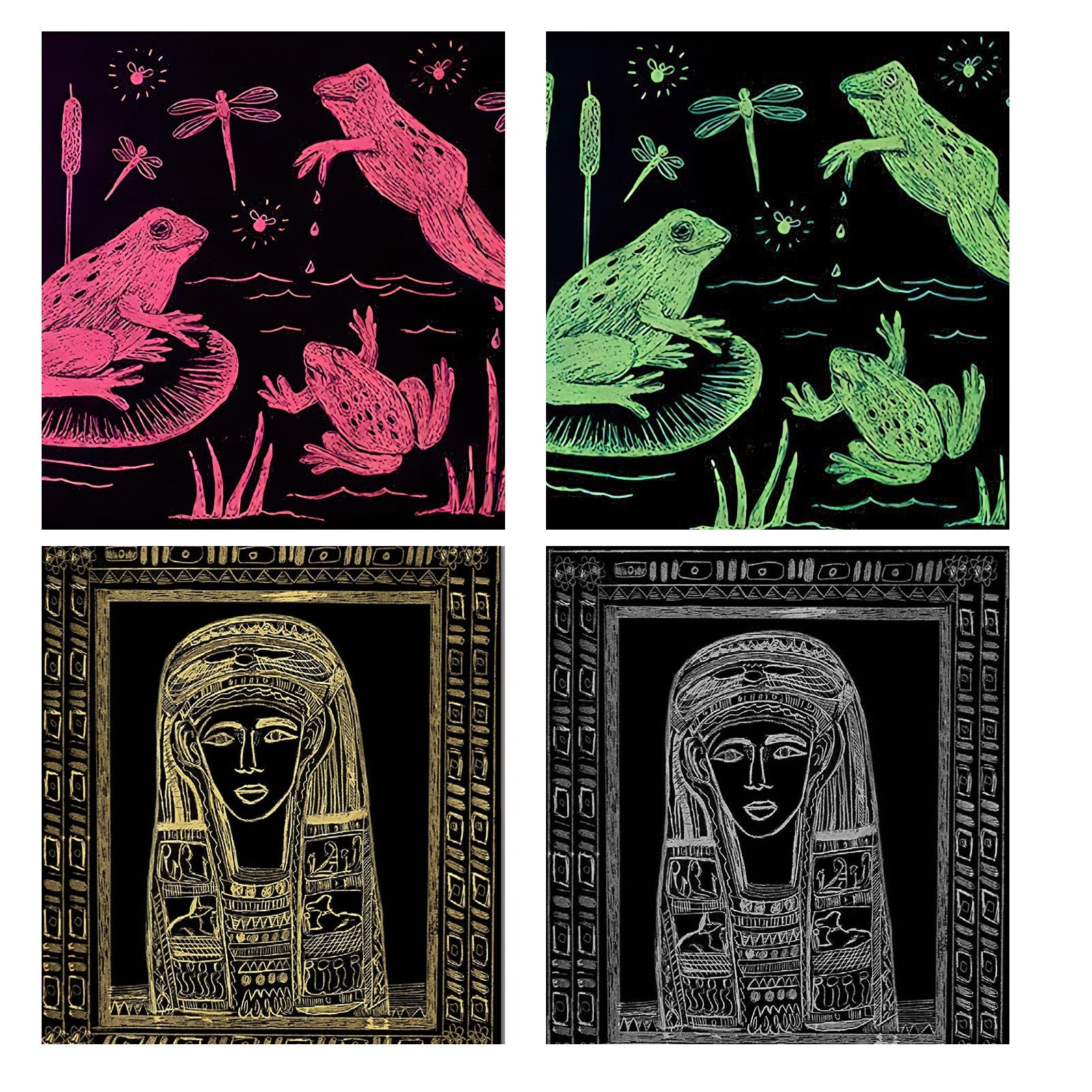 A grid of four colorful scratchboard illustrations: the top two depict frogs and dragonflies in coral pink and neon green; the bottom two, on CrealityFalcon A4 Scratch Paper for Falcon Laser Engraving - Pack of 5 Colors and 50 Sheets, depict an ancient Egyptian-style figure with a detailed headdress and decorations, framed in gold and gray.