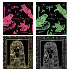 A grid of four colorful scratchboard illustrations: the top two depict frogs and dragonflies in coral pink and neon green; the bottom two, on CrealityFalcon A4 Scratch Paper for Falcon Laser Engraving - Pack of 5 Colors and 50 Sheets, depict an ancient Egyptian-style figure with a detailed headdress and decorations, framed in gold and gray.