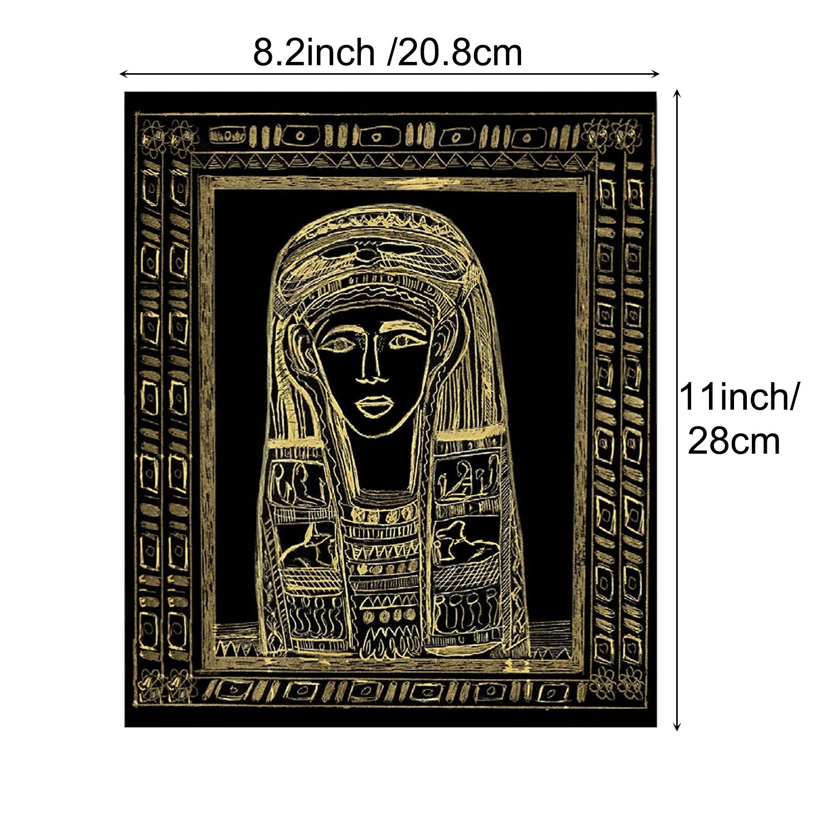 A gold-colored drawing of an Egyptian pharaoh with a headdress on a black background. The rectangular artwork, crafted on CrealityFalcon's A4 Scratch Paper for Falcon Laser Engraving - Pack of 5 Colors and 50 Sheets, measures 8.2 inches (20.8 cm) wide by 11 inches (28 cm) tall. The border surrounding the portrait contains various Egyptian symbols and patterns.