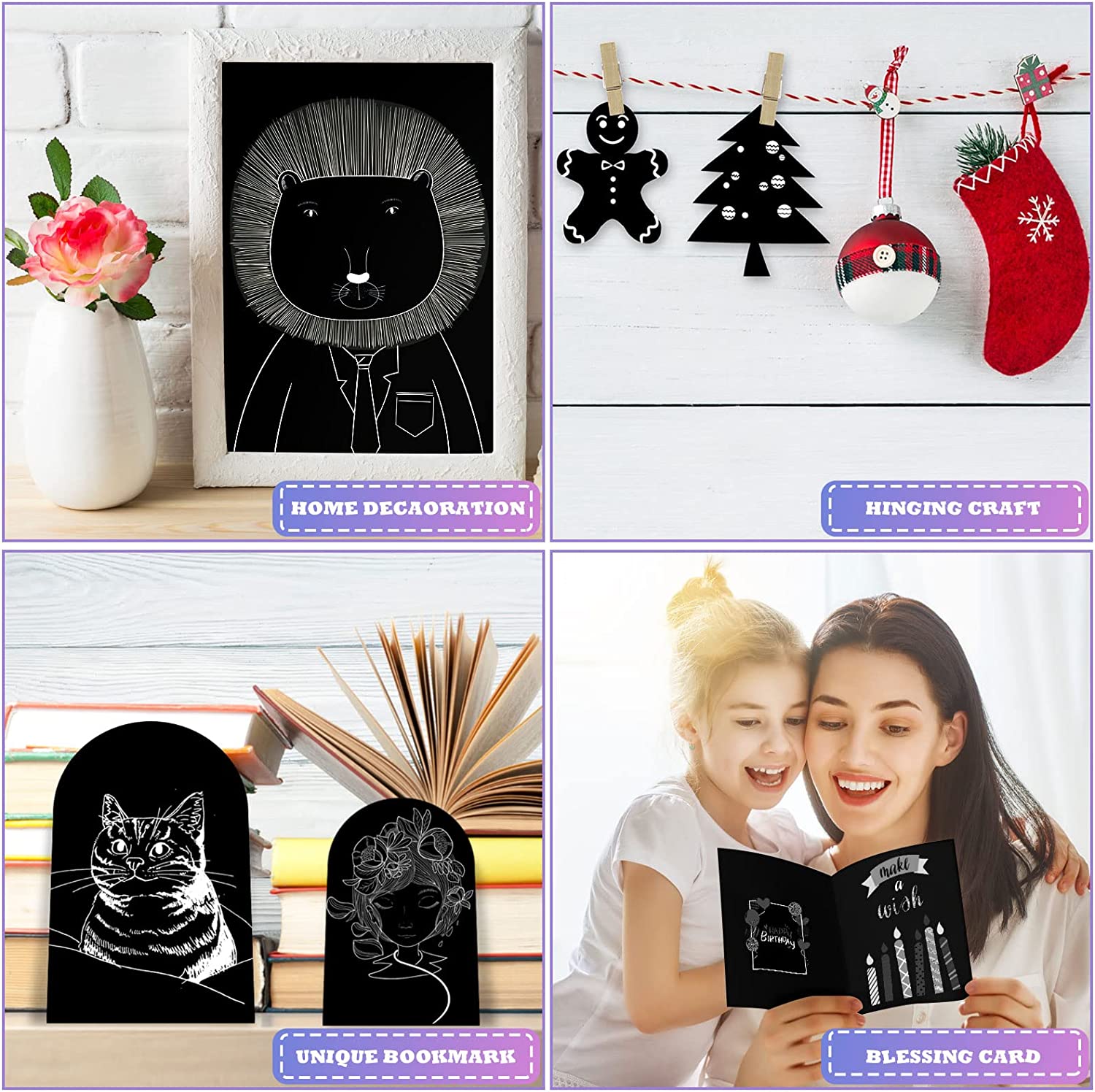 A four-image collage: Top left shows a framed lion illustration next to a vase; Top right features holiday decorations like a gingerbread man and a Christmas stocking hanging on a line; Bottom left displays CrealityFalcon A4 Scratch Paper for Falcon Laser Engraving - Pack of 5 Colors and 50 Sheets bookmarks with a cat and a woman's portrait; Bottom right depicts two smiling people holding a craft gift "Blessing Card.