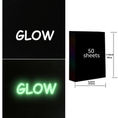 The image shows a pack of A4 Luminous Scratch Paper Fluorescent Scratch for Falcon Laser Engraving - Pack of 50pcs by CrealityFalcon, measuring 8.2 inches by 11.8 inches—similar to A4 size art paper. The sheets are demonstrated in two states: regular and glowing in the dark, with "GLOW" written on each. The glowing text emits a bright green light against a dark background.