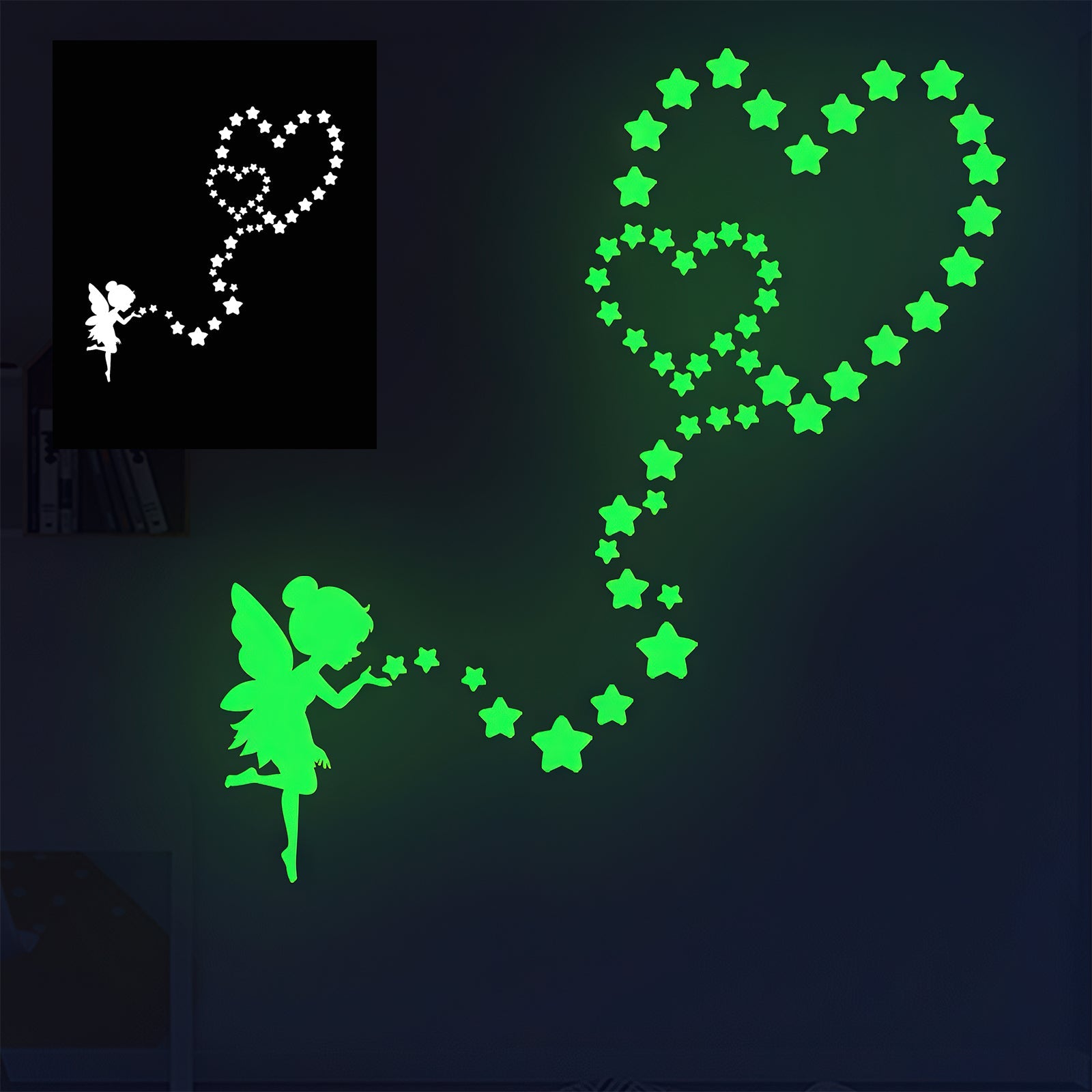 A glowing decal on a dark wall shows a fairy blowing a trail of bright green stars that form a heart shape, crafted with A4 Luminous Scratch Paper Fluorescent Scratch for Falcon Laser Engraving - Pack of 50pcs by CrealityFalcon. A similar design in white is displayed inset in the upper left corner. The fairy appears to be in mid-flight with wings outstretched.