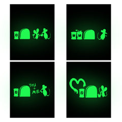 Four panels on CrealityFalcon A4 Luminous Scratch Paper Fluorescent Scratch for Falcon Laser Engraving - Pack of 50pcs feature glowing green silhouettes of mice. In the first, two mice hold hands near a doorway. In the second, one mouse gestures toward three gift boxes while the other exits a door. The third shows a mouse bending to write "You + Me," and the fourth displays a heart above a doorway with two mice inside.