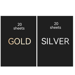 Two black sheets of CrealityFalcon A4 Gold Silver Scratch Paper for Falcon Laser Engraving - Pack of 40pcs, each labeled "20 sheets" in small white text at the top. The left sheet has large gold lettering that says "GOLD" and the right sheet has large silver lettering that says "SILVER", perfect for showcasing your artistic creativity.