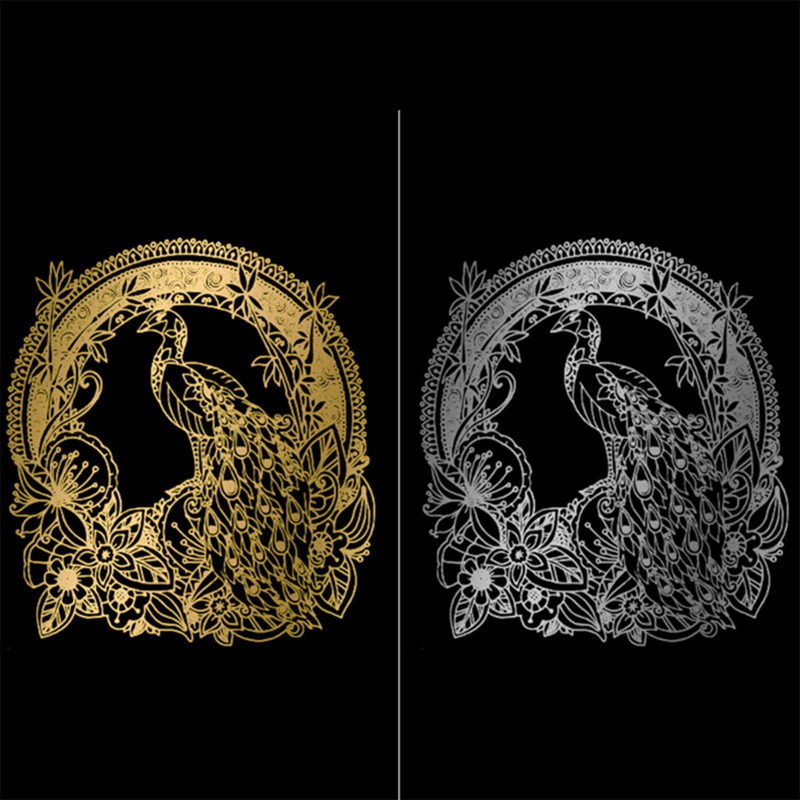 Intricate designs of a peacock surrounded by flowers and foliage, one in gold on the left and one in silver on the right. Both set against a black background, these CrealityFalcon A4 Gold Silver Scratch Paper for Falcon Laser Engraving - Pack of 40pcs pieces feature detailed patterns in the peacock's feathers and surrounding floral motifs.