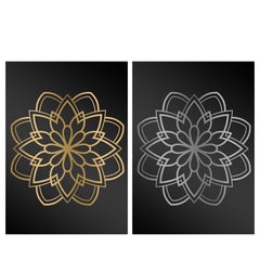 A split image featuring two ornate floral mandala designs on a black background. The left mandala is gold, and the right one is silver, both crafted with artistic creativity. These intricate designs, resembling work on A4 Gold Silver Scratch Paper for Falcon Laser Engraving - Pack of 40pcs by CrealityFalcon, display overlapping petals forming symmetrical, circular patterns.