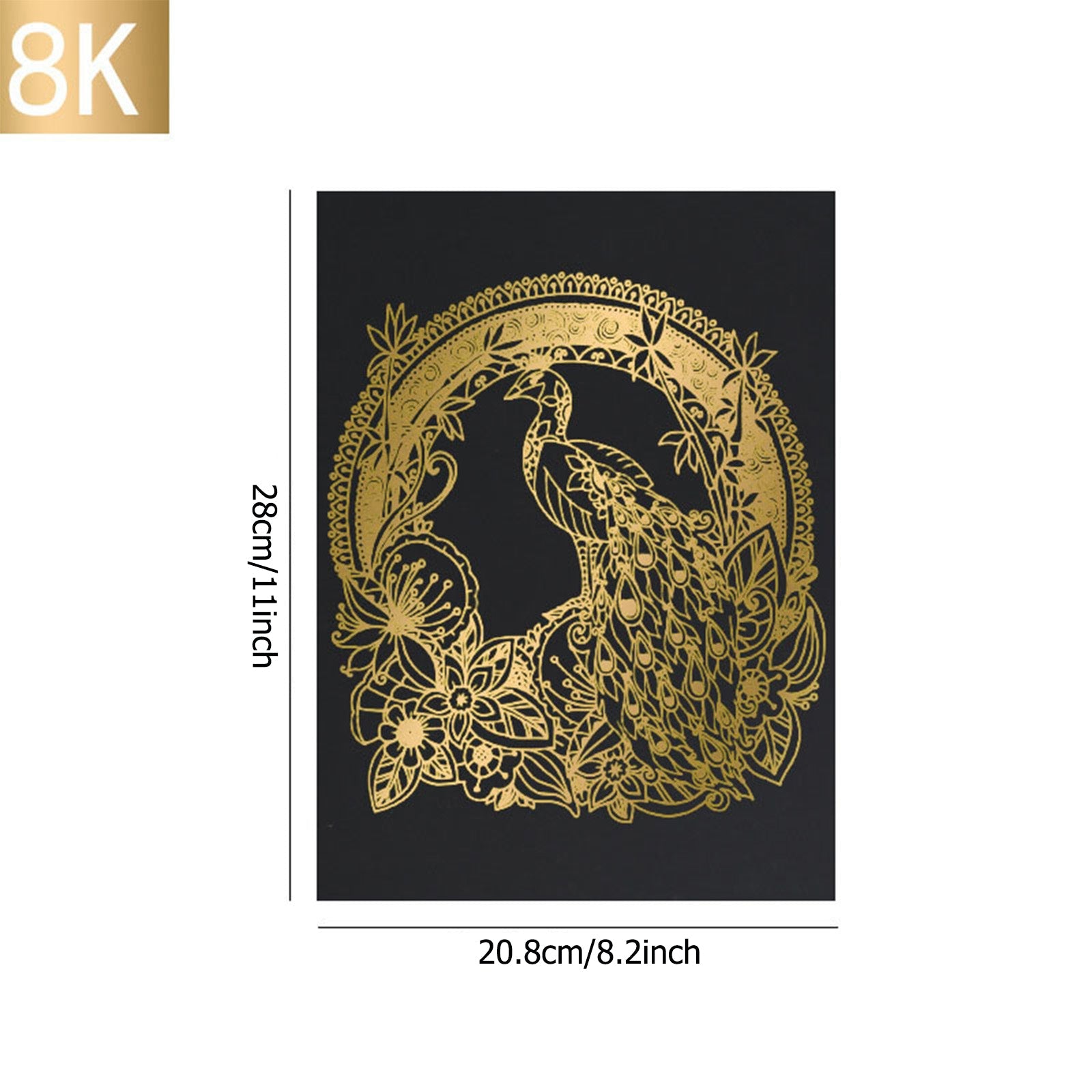 A decorative 8K gold foil design of a peacock surrounded by intricate patterns and flowers on CrealityFalcon A4 Gold Silver Scratch Paper for Falcon Laser Engraving - Pack of 40pcs. The dimensions of the artwork are 28cm/11 inches in height and 20.8cm/8.2 inches in width, showcasing exceptional artistic creativity.