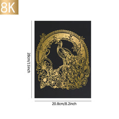 A decorative 8K gold foil design of a peacock surrounded by intricate patterns and flowers on CrealityFalcon A4 Gold Silver Scratch Paper for Falcon Laser Engraving - Pack of 40pcs. The dimensions of the artwork are 28cm/11 inches in height and 20.8cm/8.2 inches in width, showcasing exceptional artistic creativity.